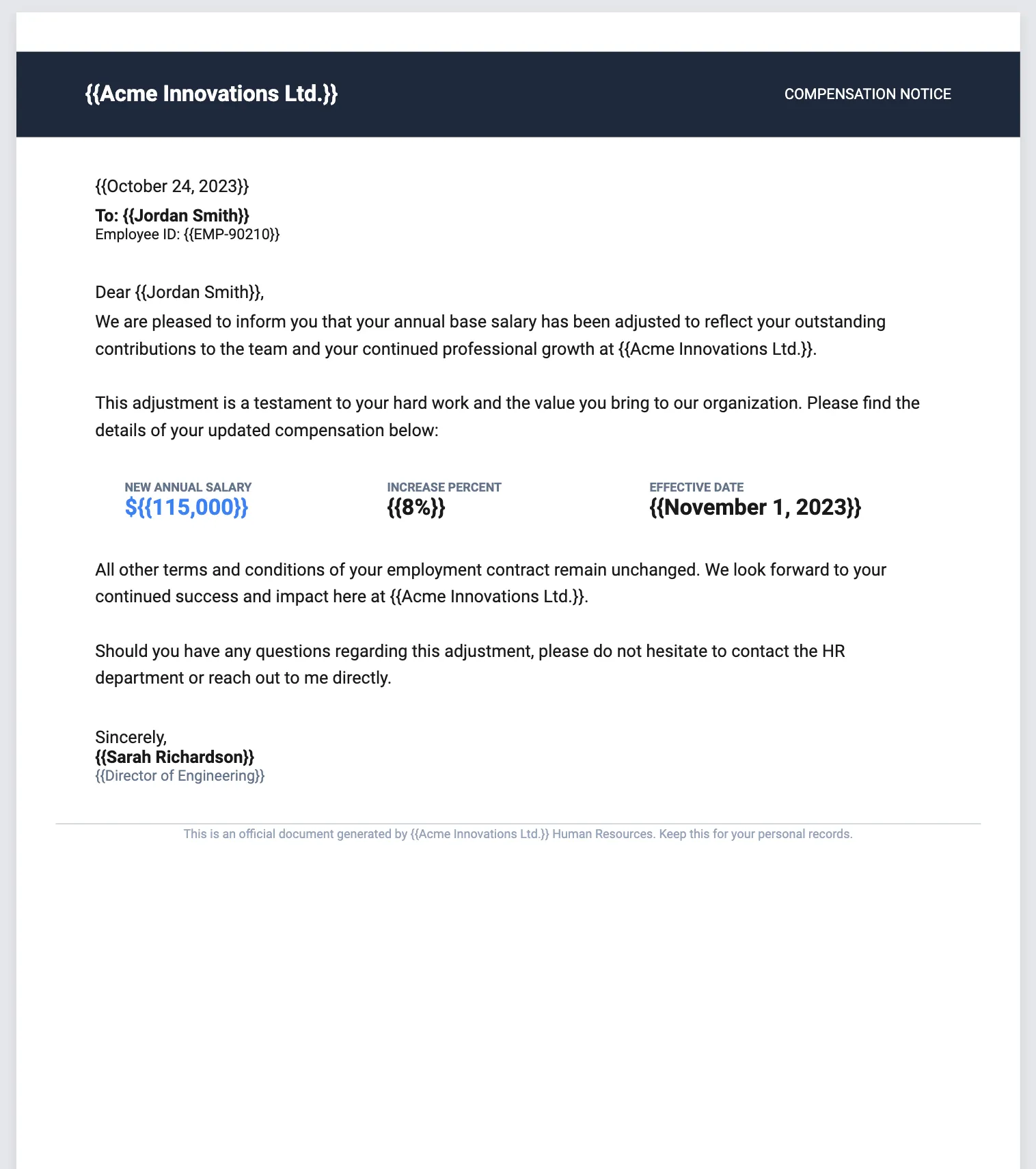 Generated compensation notice template