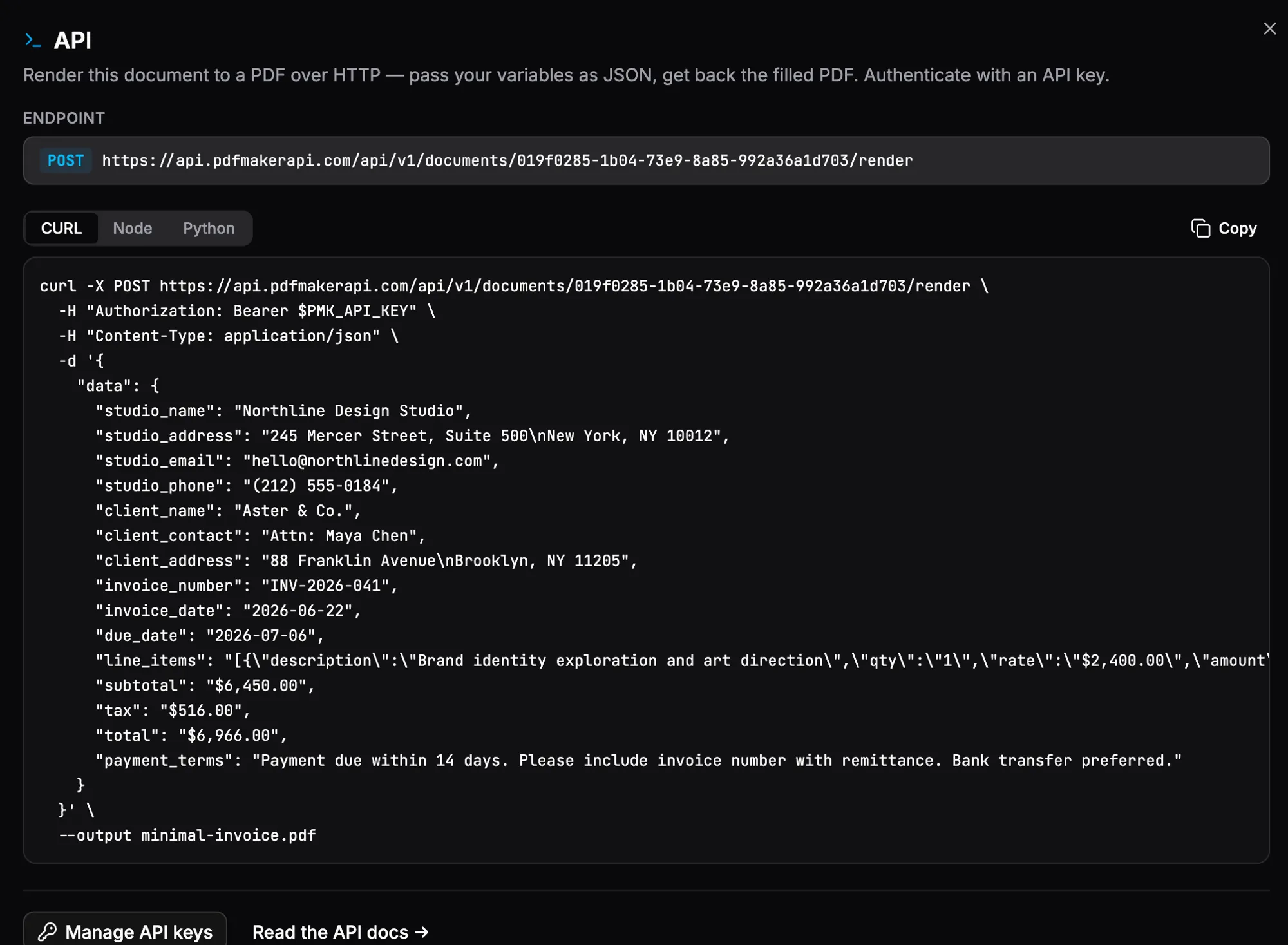 The in-app API panel for a saved template: the render endpoint, a Bearer API key, the data JSON, and cURL / Node / Python tabs.