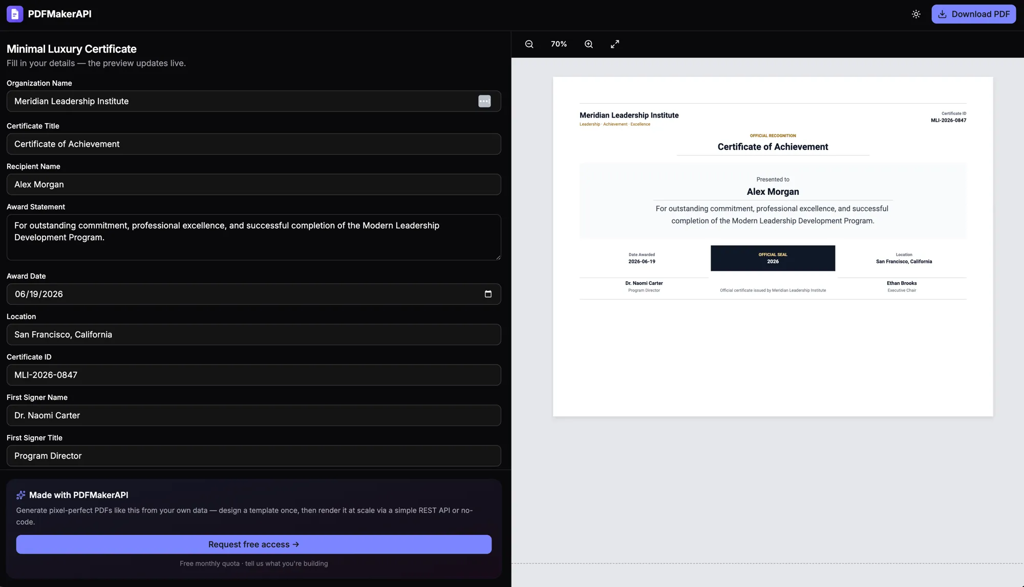 The PDFMakerAPI certificate template editor — a fill-in form on the left and a live, rendered certificate of achievement on the right with the recipient name, award statement, signatures, and an official seal.