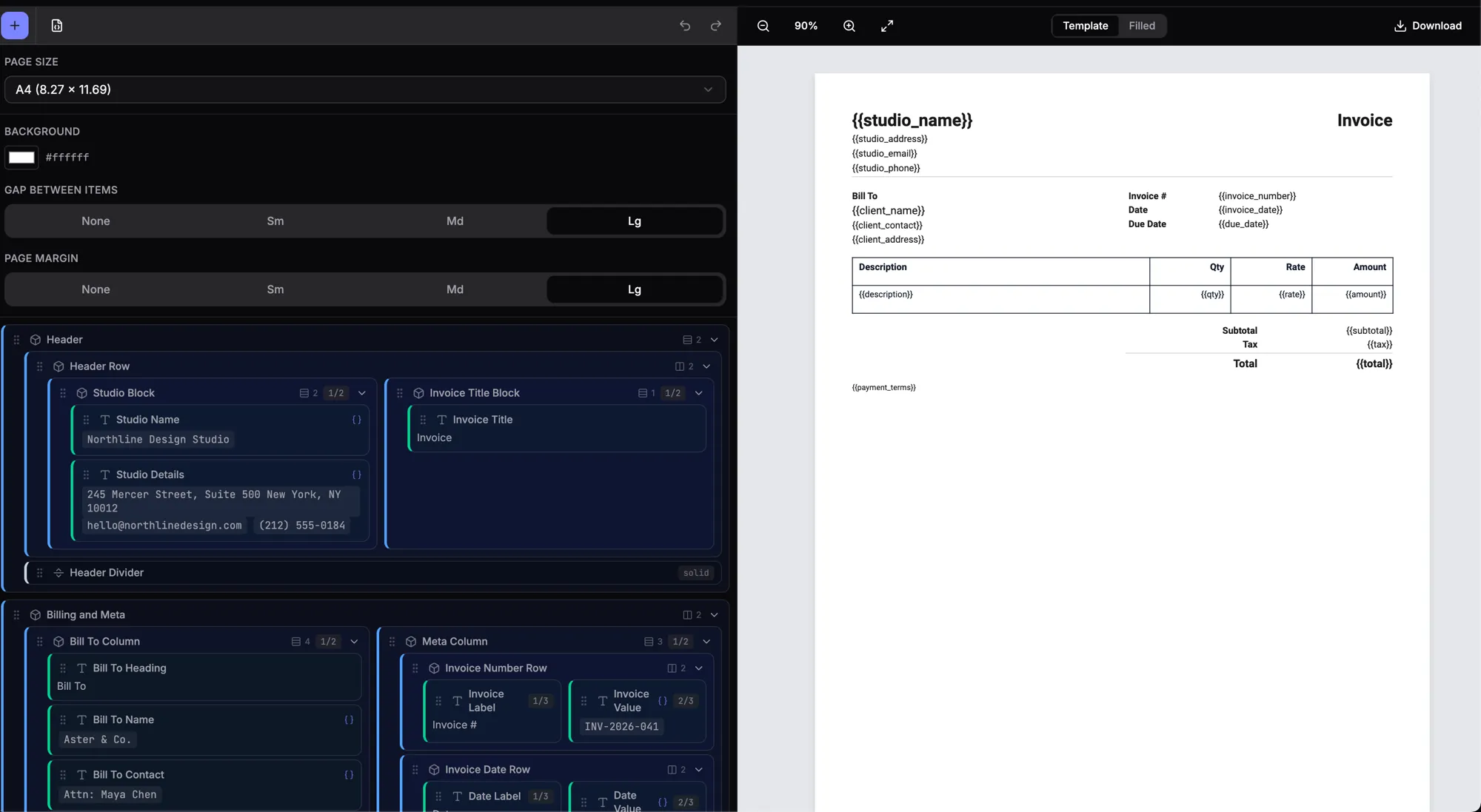 The PDFMakerAPI visual editor: an invoice template with studio_name, client_name, a line-items table, and total as variables, next to a live preview.