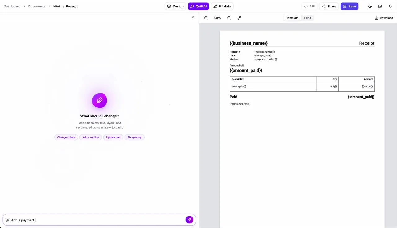 A receipt template in the PDFMakerAPI editor, with structured fields and a table of placeholders ({{business_name}}, {{description}}, {{amount}}) — design the template once, then generate the PDF from data.
