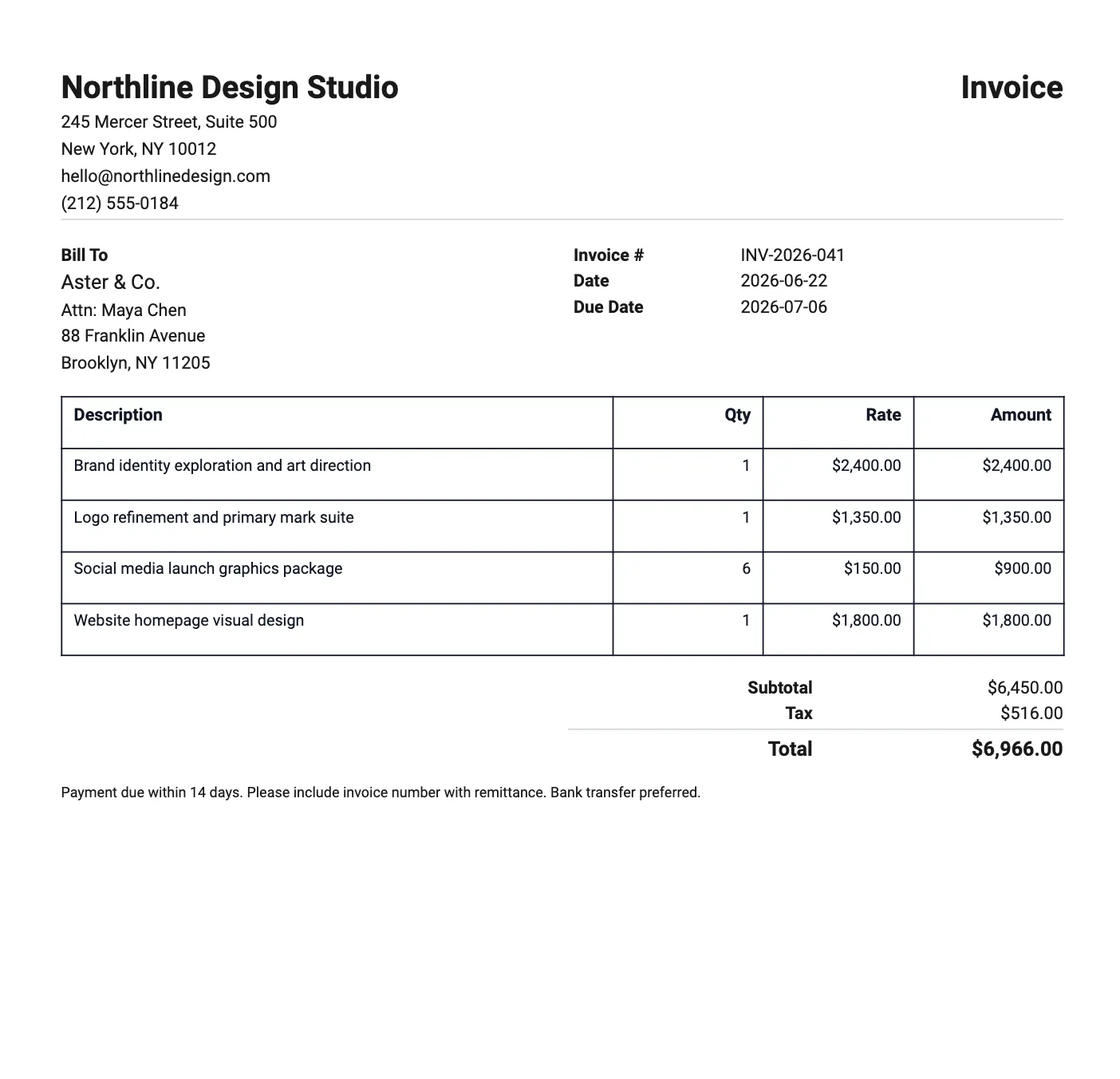 The finished invoice PDF for Northline Design Studio with line items, subtotal, tax, and a $6,966.00 total filled in from the JSON data.