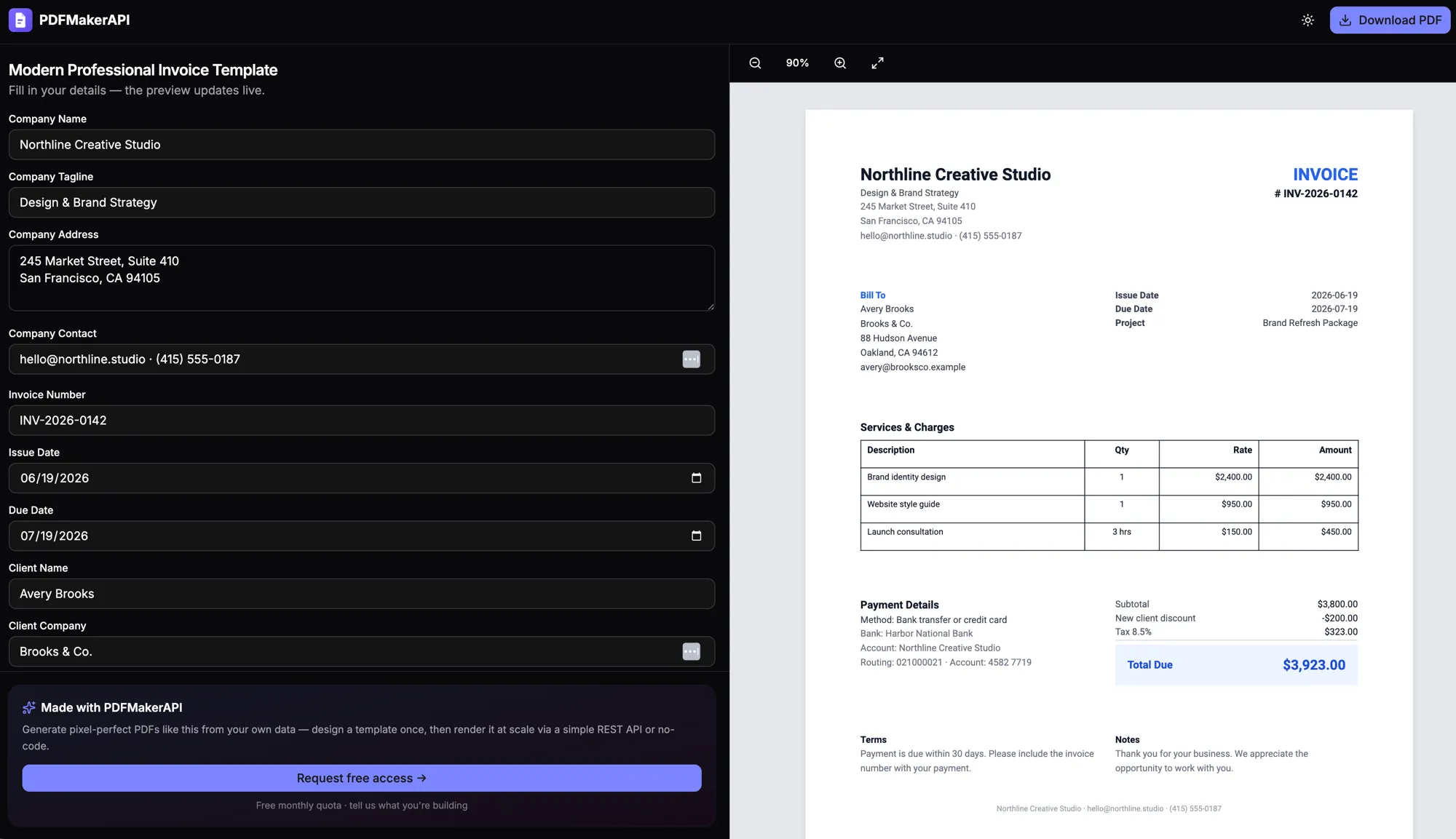 A fillable PDF form open in the browser — an editable form on the left and the finished PDF rendering live on the right.