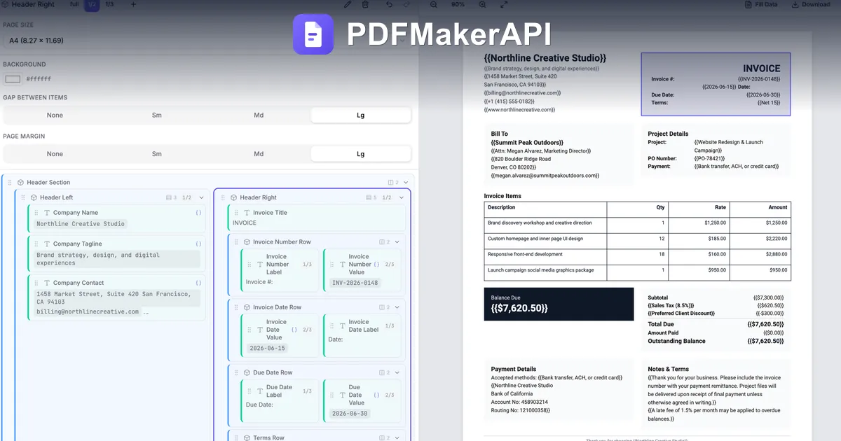 The PDFMakerAPI visual template editor showing a structured invoice template and its rendered PDF — the template-based approach to PDF generation.