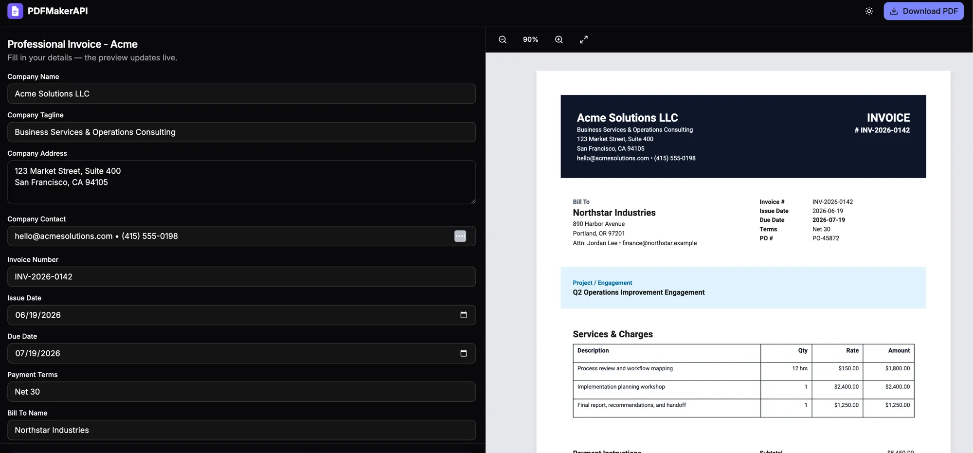 An invoice created by the PDF Maker GPT in ChatGPT, open in the PDFMakerAPI live editor — an editable form on the left and the rendered invoice PDF preview on the right.