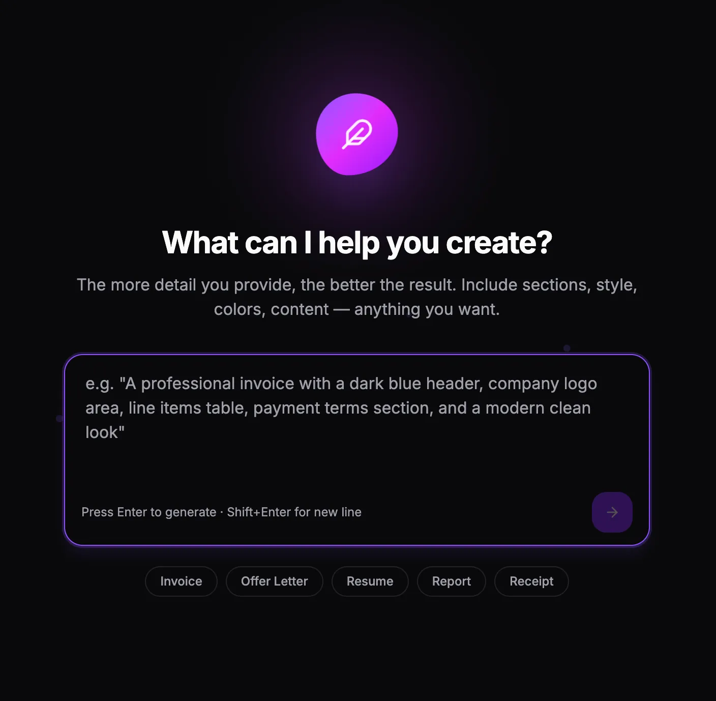 Quill AI’s “What can I help you create?” prompt box with an example invoice description and quick-start template chips for Invoice, Offer Letter, Resume, Report, and Receipt.