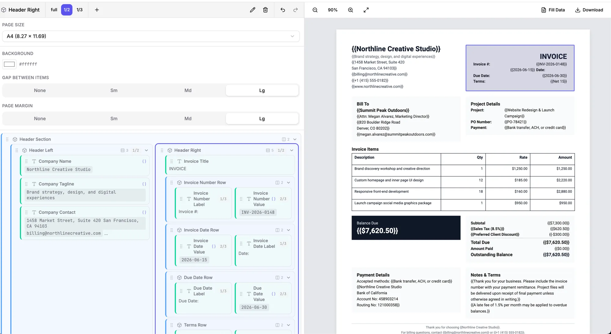 The PDFMakerAPI visual template editor — building a PDF document with a live preview of the rendered invoice.